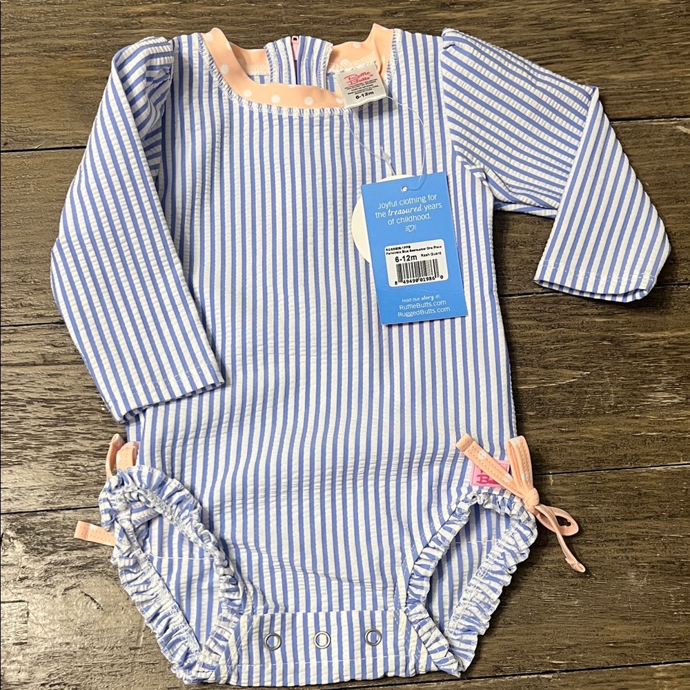 Ruffle Butts Periwinkle Blue and White Seersucker One-Piece 6-12M
